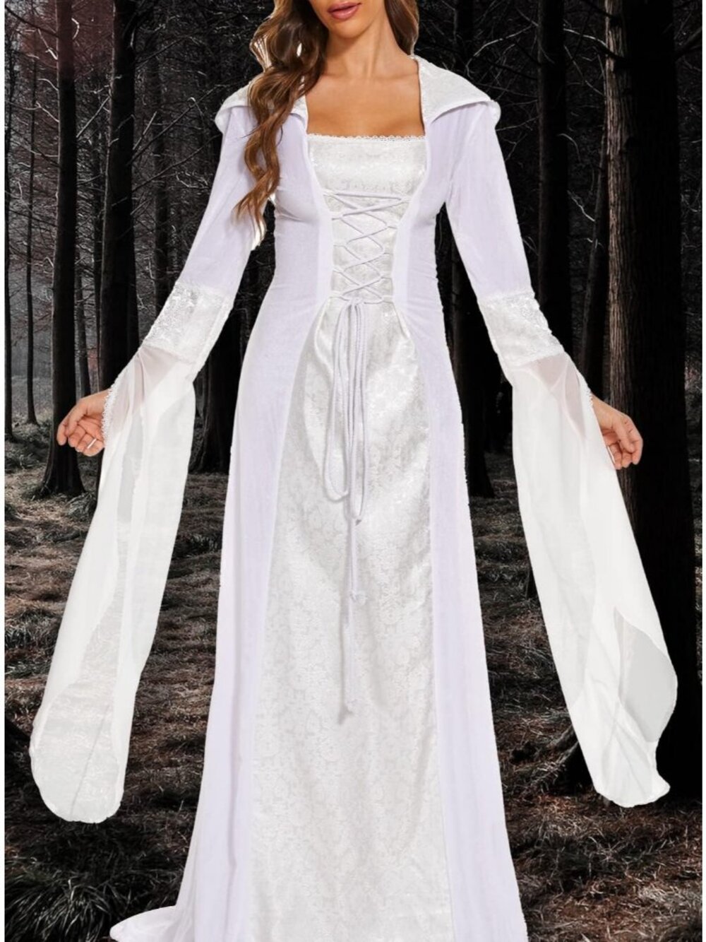 Women's White Vintage Embroidered Gown Halloween Medieval Deluxe Witch Hooded - Picture 2 of 7
